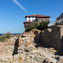 NESSEBAR, BULGARIA - AUGUST 12, 2018: Ruins of Ancient Church of the Holy Mother Eleusa in the town of Nessebar, Burgas Region, Bulgaria