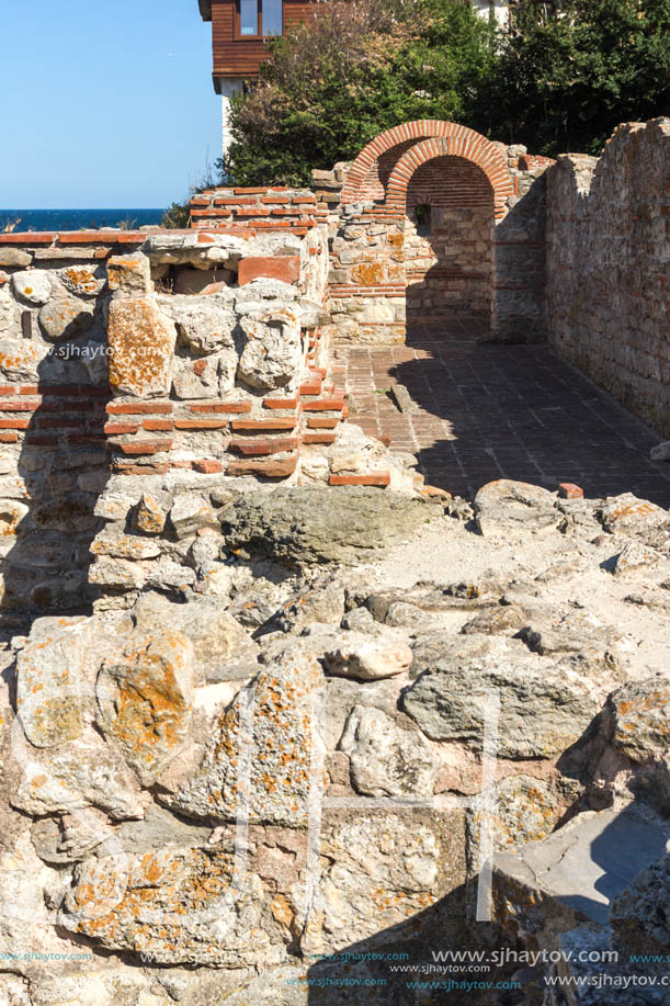 NESSEBAR, BULGARIA - AUGUST 12, 2018: Ruins of Ancient Church of the Holy Mother Eleusa in the town of Nessebar, Burgas Region, Bulgaria