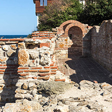 NESSEBAR, BULGARIA - AUGUST 12, 2018: Ruins of Ancient Church of the Holy Mother Eleusa in the town of Nessebar, Burgas Region, Bulgaria