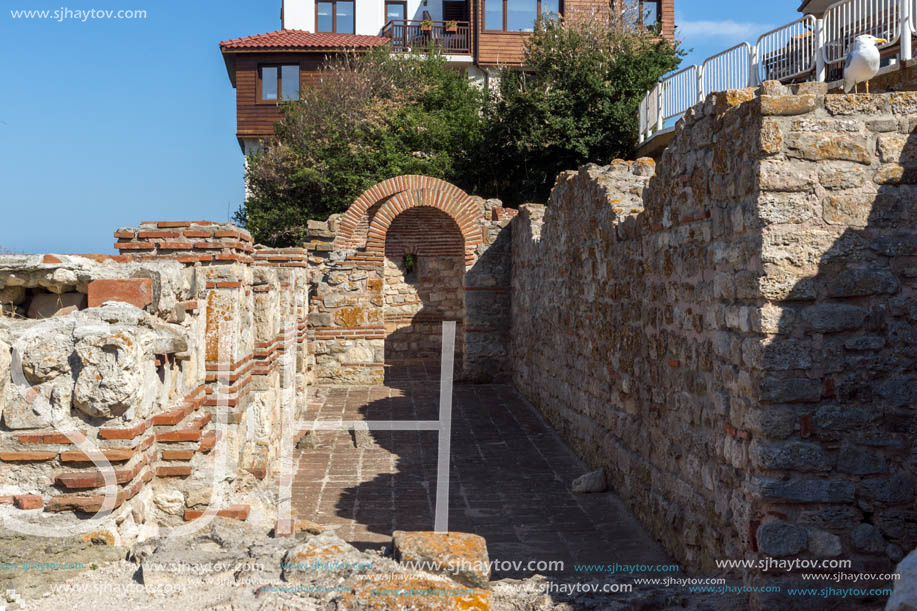 NESSEBAR, BULGARIA - AUGUST 12, 2018: Ruins of Ancient Church of the Holy Mother Eleusa in the town of Nessebar, Burgas Region, Bulgaria