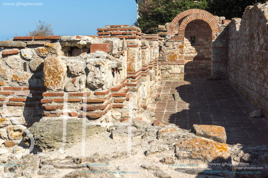 NESSEBAR, BULGARIA - AUGUST 12, 2018: Ruins of Ancient Church of the Holy Mother Eleusa in the town of Nessebar, Burgas Region, Bulgaria