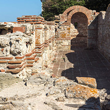 NESSEBAR, BULGARIA - AUGUST 12, 2018: Ruins of Ancient Church of the Holy Mother Eleusa in the town of Nessebar, Burgas Region, Bulgaria