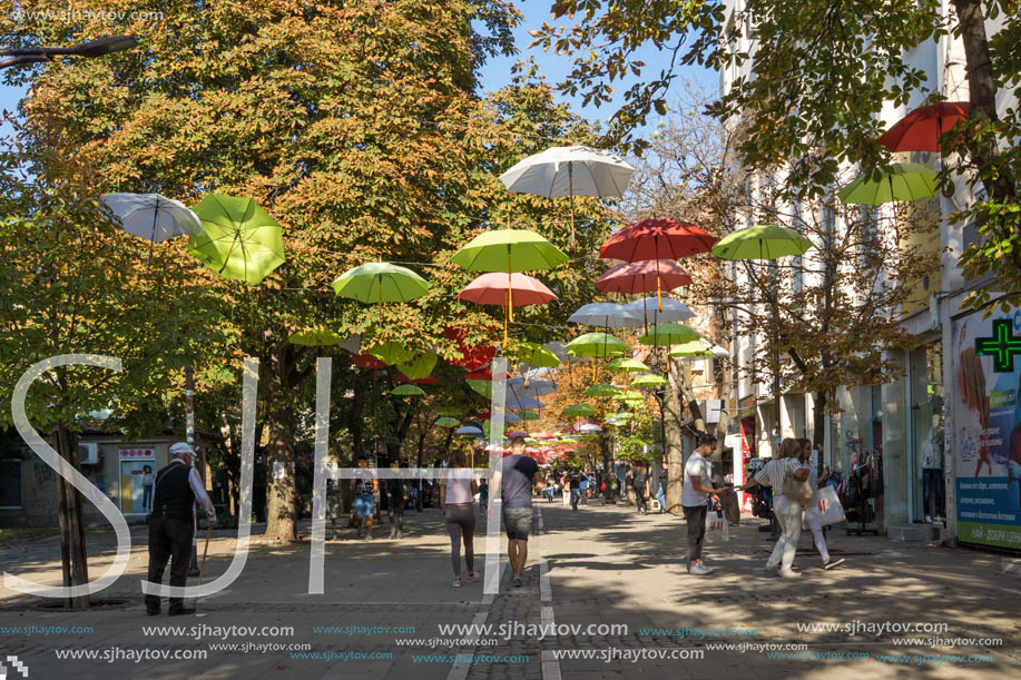 BLAGOEVGRAD, BULGARIA - OCTOBER 6, 2018: The Center and Pedestrian street covered with Umbrellas in town of Blagoevgrad, Bulgaria