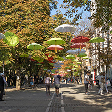 BLAGOEVGRAD, BULGARIA - OCTOBER 6, 2018: The Center and Pedestrian street covered with Umbrellas in town of Blagoevgrad, Bulgaria