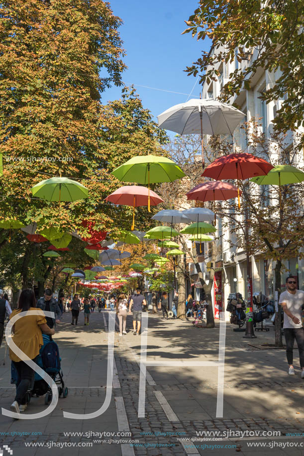 BLAGOEVGRAD, BULGARIA - OCTOBER 6, 2018: The Center and Pedestrian street covered with Umbrellas in town of Blagoevgrad, Bulgaria