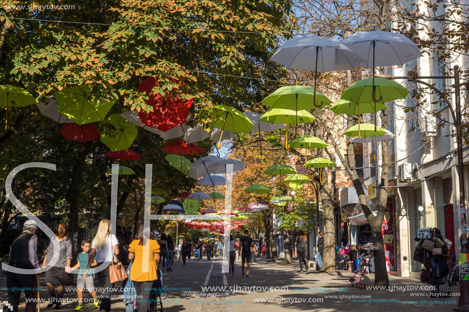 BLAGOEVGRAD, BULGARIA - OCTOBER 6, 2018: The Center and Pedestrian street covered with Umbrellas in town of Blagoevgrad, Bulgaria