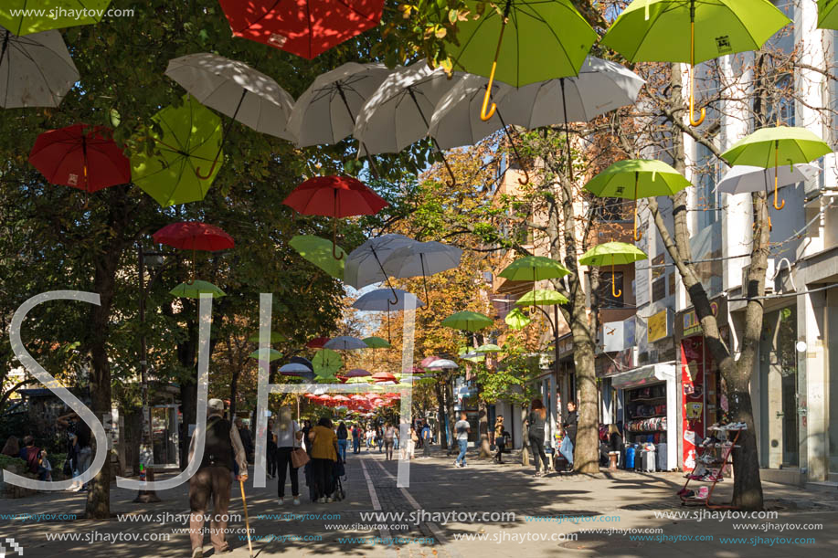 BLAGOEVGRAD, BULGARIA - OCTOBER 6, 2018: The Center and Pedestrian street covered with Umbrellas in town of Blagoevgrad, Bulgaria