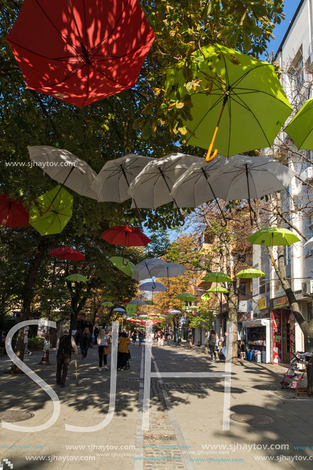 BLAGOEVGRAD, BULGARIA - OCTOBER 6, 2018: The Center and Pedestrian street covered with Umbrellas in town of Blagoevgrad, Bulgaria