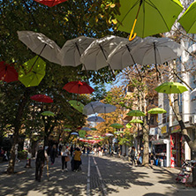 BLAGOEVGRAD, BULGARIA - OCTOBER 6, 2018: The Center and Pedestrian street covered with Umbrellas in town of Blagoevgrad, Bulgaria