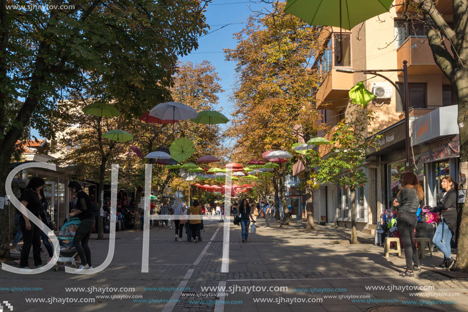 BLAGOEVGRAD, BULGARIA - OCTOBER 6, 2018: The Center and Pedestrian street covered with Umbrellas in town of Blagoevgrad, Bulgaria