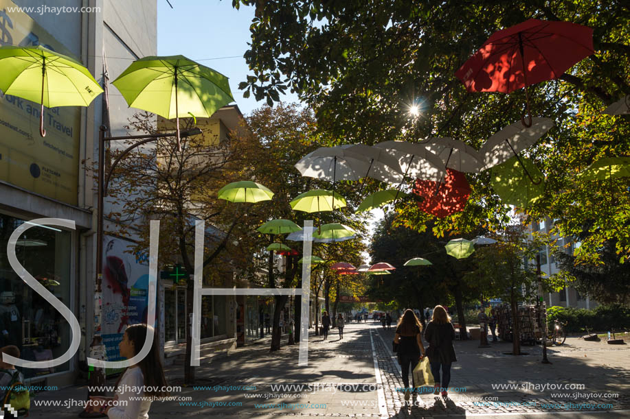 BLAGOEVGRAD, BULGARIA - OCTOBER 6, 2018: The Center and Pedestrian street covered with Umbrellas in town of Blagoevgrad, Bulgaria