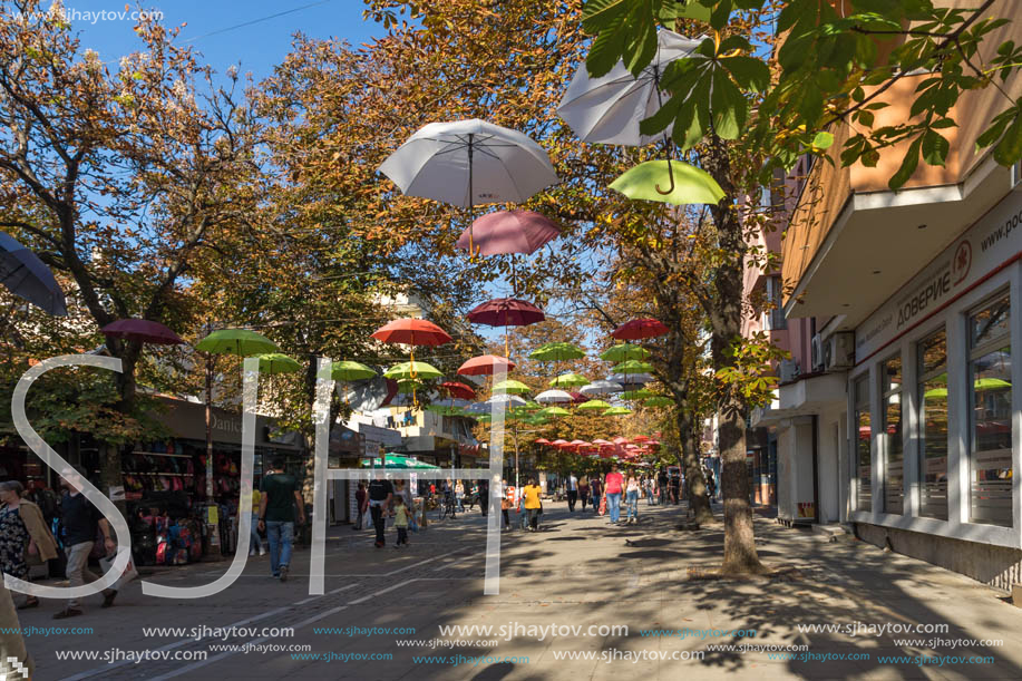 BLAGOEVGRAD, BULGARIA - OCTOBER 6, 2018: The Center and Pedestrian street covered with Umbrellas in town of Blagoevgrad, Bulgaria