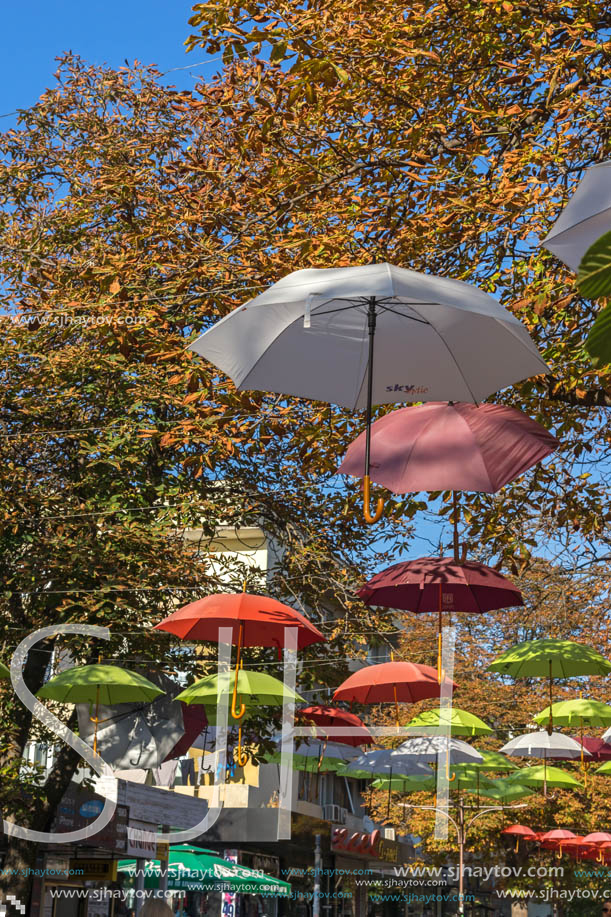 BLAGOEVGRAD, BULGARIA - OCTOBER 6, 2018: The Center and Pedestrian street covered with Umbrellas in town of Blagoevgrad, Bulgaria