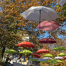 BLAGOEVGRAD, BULGARIA - OCTOBER 6, 2018: The Center and Pedestrian street covered with Umbrellas in town of Blagoevgrad, Bulgaria