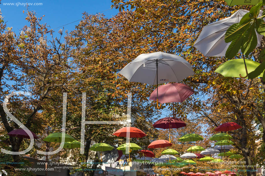 BLAGOEVGRAD, BULGARIA - OCTOBER 6, 2018: The Center and Pedestrian street covered with Umbrellas in town of Blagoevgrad, Bulgaria