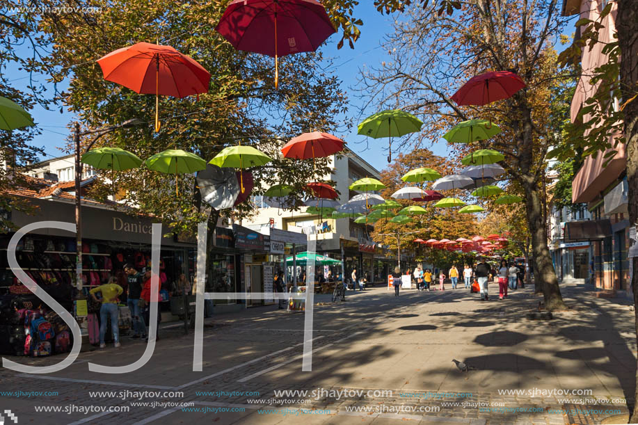 BLAGOEVGRAD, BULGARIA - OCTOBER 6, 2018: The Center and Pedestrian street covered with Umbrellas in town of Blagoevgrad, Bulgaria