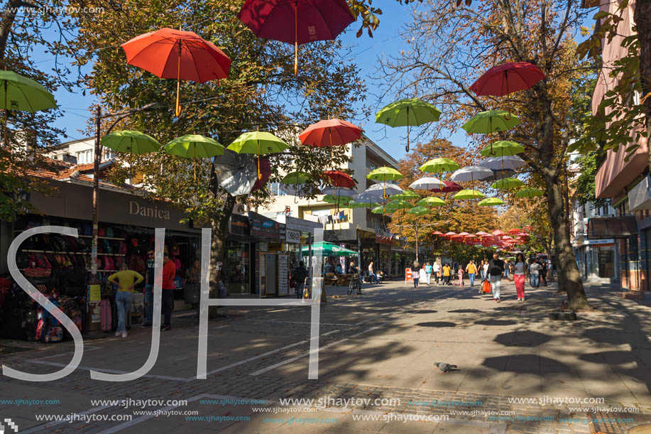 BLAGOEVGRAD, BULGARIA - OCTOBER 6, 2018: The Center and Pedestrian street covered with Umbrellas in town of Blagoevgrad, Bulgaria