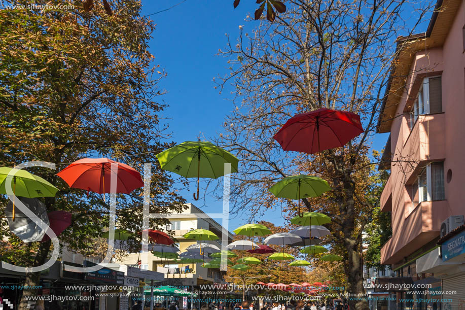 BLAGOEVGRAD, BULGARIA - OCTOBER 6, 2018: The Center and Pedestrian street covered with Umbrellas in town of Blagoevgrad, Bulgaria