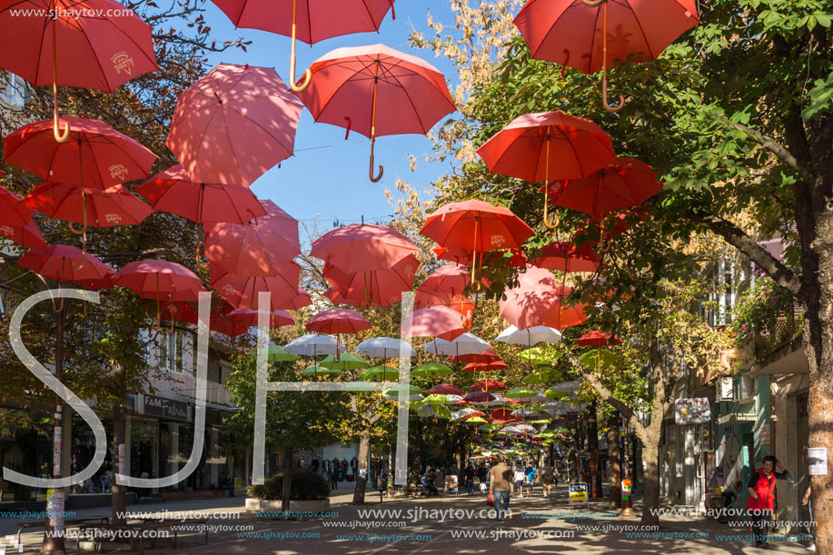 BLAGOEVGRAD, BULGARIA - OCTOBER 6, 2018: The Center and Pedestrian street covered with Umbrellas in town of Blagoevgrad, Bulgaria