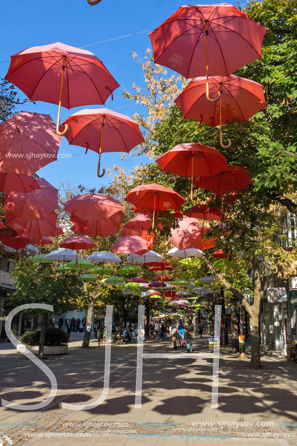 BLAGOEVGRAD, BULGARIA - OCTOBER 6, 2018: The Center and Pedestrian street covered with Umbrellas in town of Blagoevgrad, Bulgaria