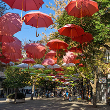 BLAGOEVGRAD, BULGARIA - OCTOBER 6, 2018: The Center and Pedestrian street covered with Umbrellas in town of Blagoevgrad, Bulgaria