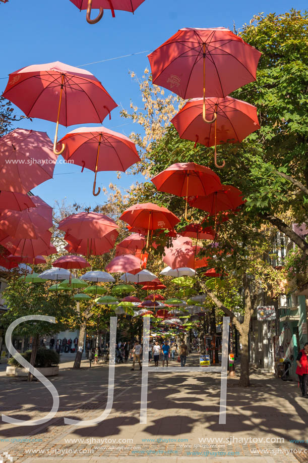 BLAGOEVGRAD, BULGARIA - OCTOBER 6, 2018: The Center and Pedestrian street covered with Umbrellas in town of Blagoevgrad, Bulgaria