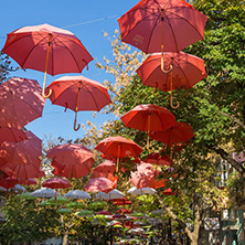 BLAGOEVGRAD, BULGARIA - OCTOBER 6, 2018: The Center and Pedestrian street covered with Umbrellas in town of Blagoevgrad, Bulgaria