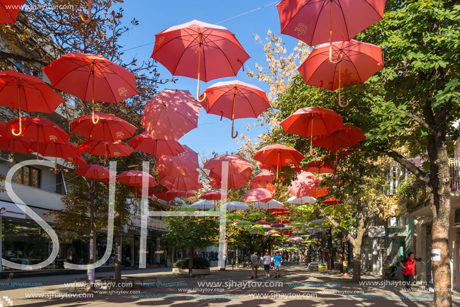 BLAGOEVGRAD, BULGARIA - OCTOBER 6, 2018: The Center and Pedestrian street covered with Umbrellas in town of Blagoevgrad, Bulgaria