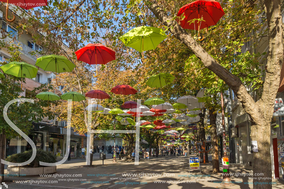 BLAGOEVGRAD, BULGARIA - OCTOBER 6, 2018: The Center and Pedestrian street covered with Umbrellas in town of Blagoevgrad, Bulgaria