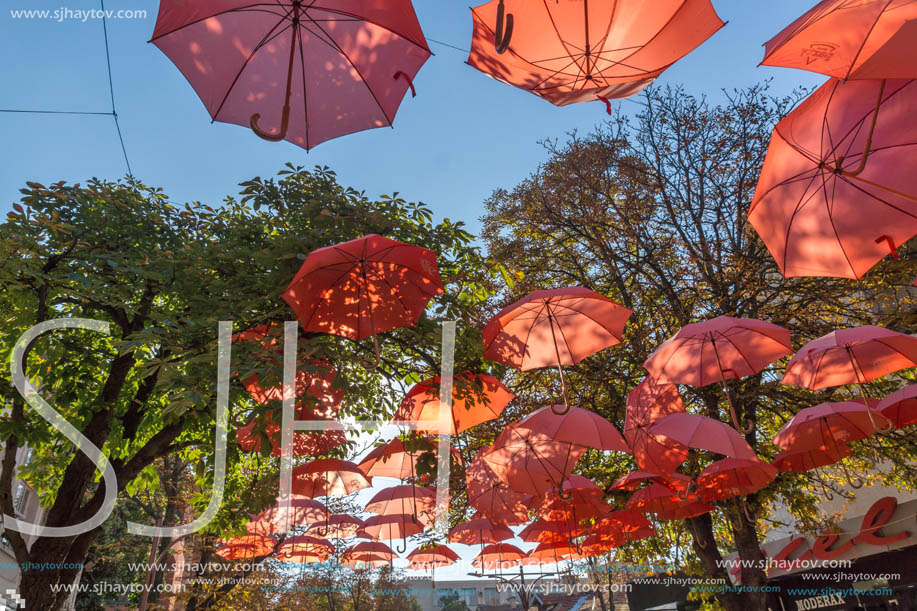 BLAGOEVGRAD, BULGARIA - OCTOBER 6, 2018: The Center and Pedestrian street covered with Umbrellas in town of Blagoevgrad, Bulgaria