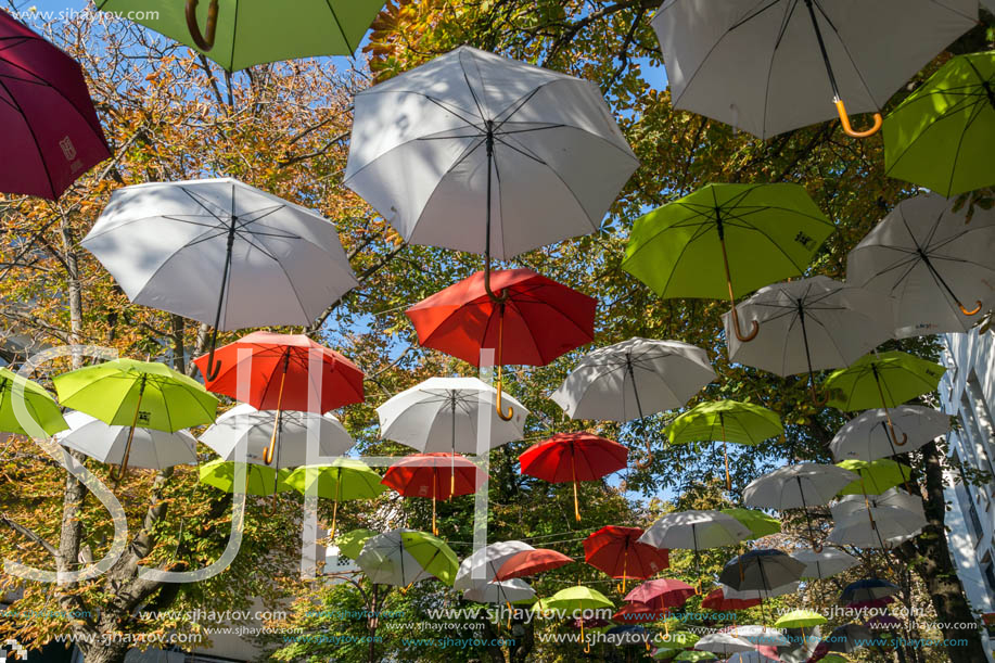 BLAGOEVGRAD, BULGARIA - OCTOBER 6, 2018: The Center and Pedestrian street covered with Umbrellas in town of Blagoevgrad, Bulgaria