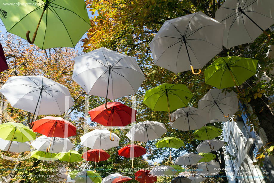 BLAGOEVGRAD, BULGARIA - OCTOBER 6, 2018: The Center and Pedestrian street covered with Umbrellas in town of Blagoevgrad, Bulgaria