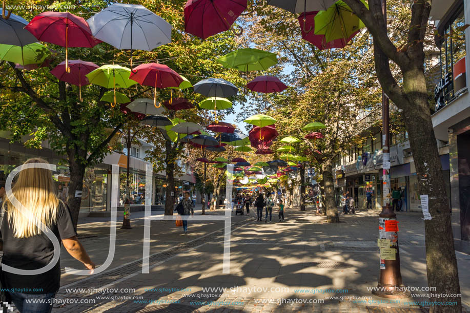 BLAGOEVGRAD, BULGARIA - OCTOBER 6, 2018: The Center and Pedestrian street covered with Umbrellas in town of Blagoevgrad, Bulgaria