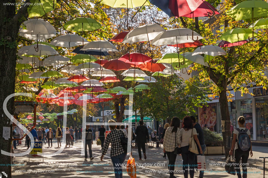 BLAGOEVGRAD, BULGARIA - OCTOBER 6, 2018: The Center and Pedestrian street covered with Umbrellas in town of Blagoevgrad, Bulgaria