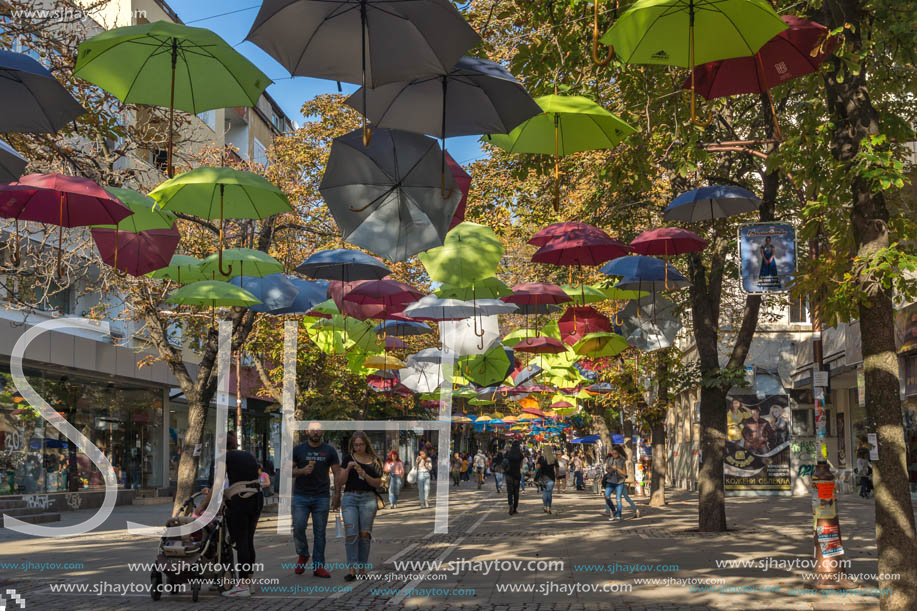 BLAGOEVGRAD, BULGARIA - OCTOBER 6, 2018: The Center and Pedestrian street covered with Umbrellas in town of Blagoevgrad, Bulgaria