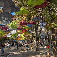 BLAGOEVGRAD, BULGARIA - OCTOBER 6, 2018: The Center and Pedestrian street covered with Umbrellas in town of Blagoevgrad, Bulgaria