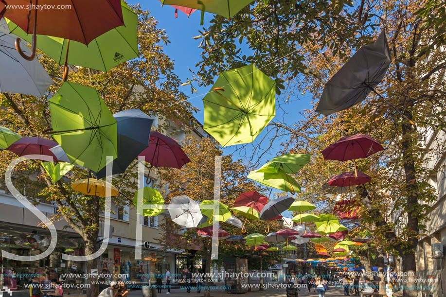 BLAGOEVGRAD, BULGARIA - OCTOBER 6, 2018: The Center and Pedestrian street covered with Umbrellas in town of Blagoevgrad, Bulgaria