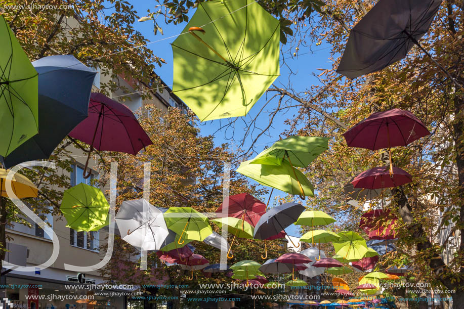 BLAGOEVGRAD, BULGARIA - OCTOBER 6, 2018: The Center and Pedestrian street covered with Umbrellas in town of Blagoevgrad, Bulgaria