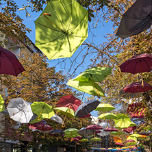 BLAGOEVGRAD, BULGARIA - OCTOBER 6, 2018: The Center and Pedestrian street covered with Umbrellas in town of Blagoevgrad, Bulgaria