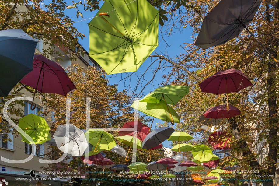 BLAGOEVGRAD, BULGARIA - OCTOBER 6, 2018: The Center and Pedestrian street covered with Umbrellas in town of Blagoevgrad, Bulgaria