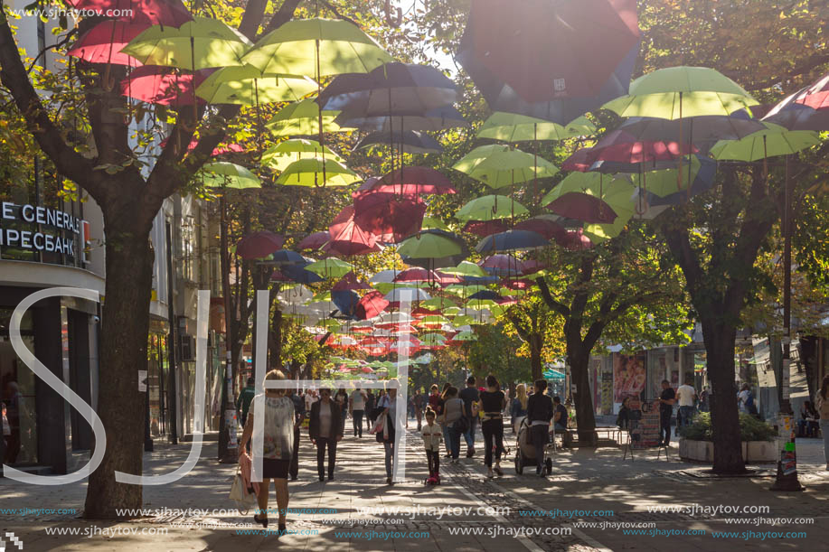 BLAGOEVGRAD, BULGARIA - OCTOBER 6, 2018: The Center and Pedestrian street covered with Umbrellas in town of Blagoevgrad, Bulgaria