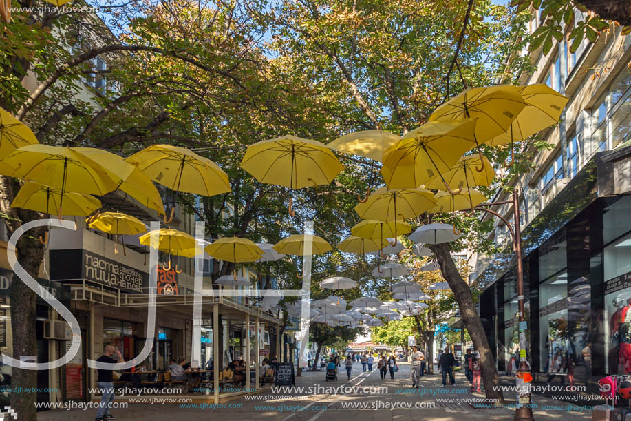 BLAGOEVGRAD, BULGARIA - OCTOBER 6, 2018: The Center and Pedestrian street covered with Umbrellas in town of Blagoevgrad, Bulgaria