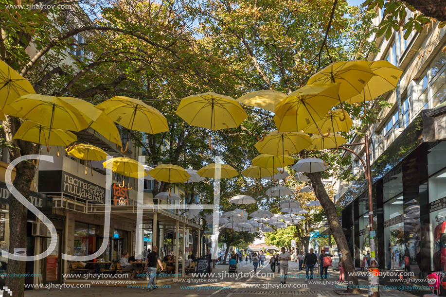 BLAGOEVGRAD, BULGARIA - OCTOBER 6, 2018: The Center and Pedestrian street covered with Umbrellas in town of Blagoevgrad, Bulgaria