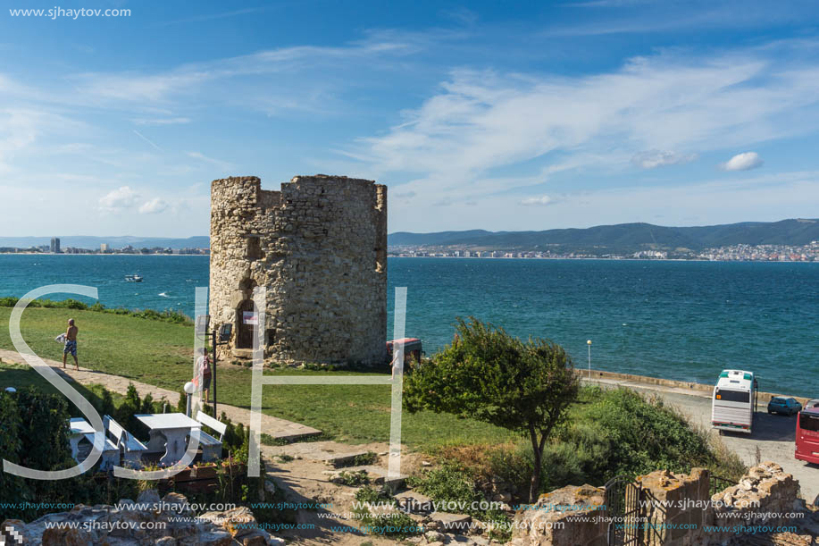 NESSEBAR, BULGARIA - AUGUST 12, 2018: Ruins of Ancient Battle Tower in old town of Nessebar, Burgas Region, Bulgaria