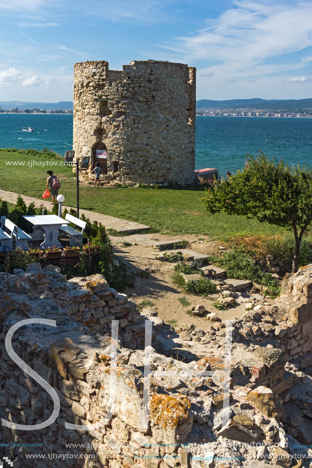 NESSEBAR, BULGARIA - AUGUST 12, 2018: Ruins of Ancient Battle Tower in old town of Nessebar, Burgas Region, Bulgaria