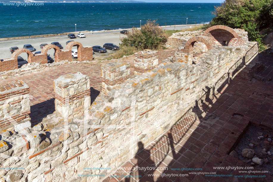 NESSEBAR, BULGARIA - AUGUST 12, 2018: Ruins of Ancient Church of the Holy Mother Eleusa in the town of Nessebar, Burgas Region, Bulgaria