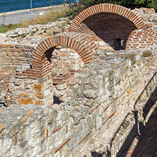 NESSEBAR, BULGARIA - AUGUST 12, 2018: Ruins of Ancient Church of the Holy Mother Eleusa in the town of Nessebar, Burgas Region, Bulgaria