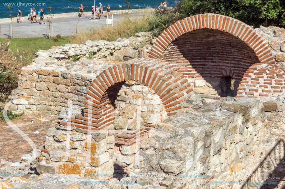 NESSEBAR, BULGARIA - AUGUST 12, 2018: Ruins of Ancient Church of the Holy Mother Eleusa in the town of Nessebar, Burgas Region, Bulgaria