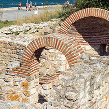 NESSEBAR, BULGARIA - AUGUST 12, 2018: Ruins of Ancient Church of the Holy Mother Eleusa in the town of Nessebar, Burgas Region, Bulgaria