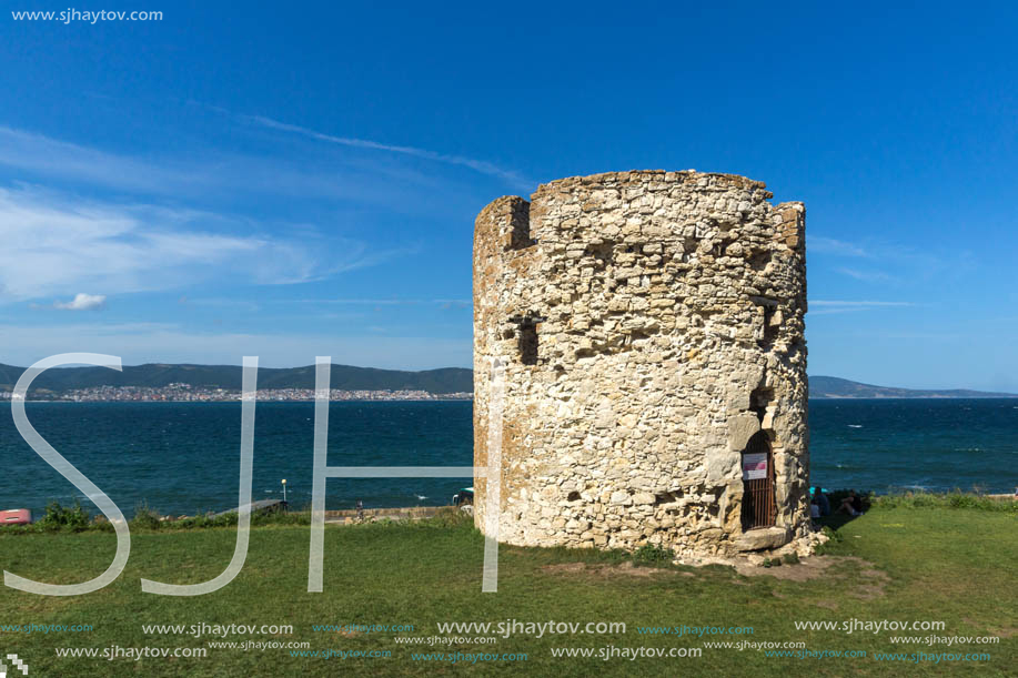 NESSEBAR, BULGARIA - AUGUST 12, 2018: Ruins of Ancient Battle Tower in old town of Nessebar, Burgas Region, Bulgaria